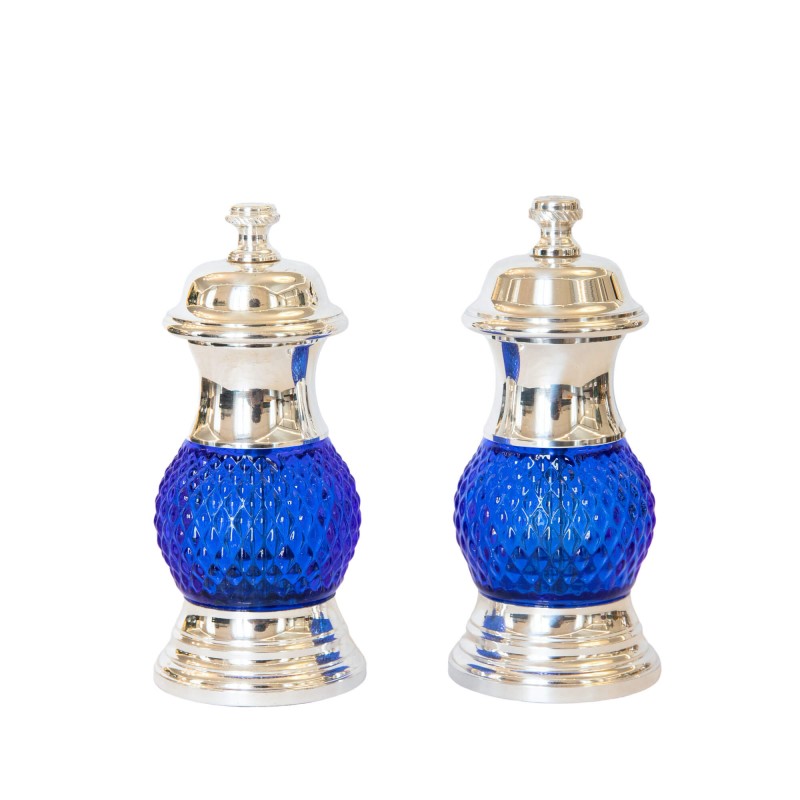 Set Salt and Pepper Mill Blue Silver-Plated Brass and Glass