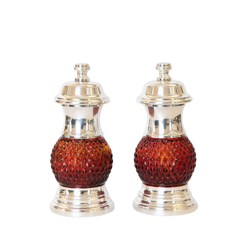 Set Salt and Pepper Mill Red Silver-Plated Brass and Glass