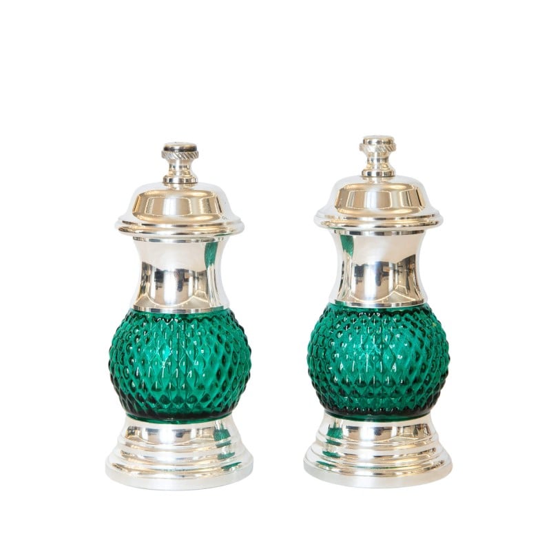 Set Salt and Pepper Mill Green Silver-Plated Brass and Glass