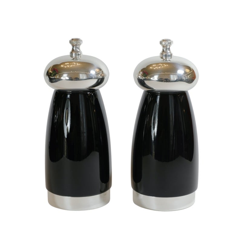 Salt and Pepper Mill Shiny Black Wood and Silver-Plated Brass