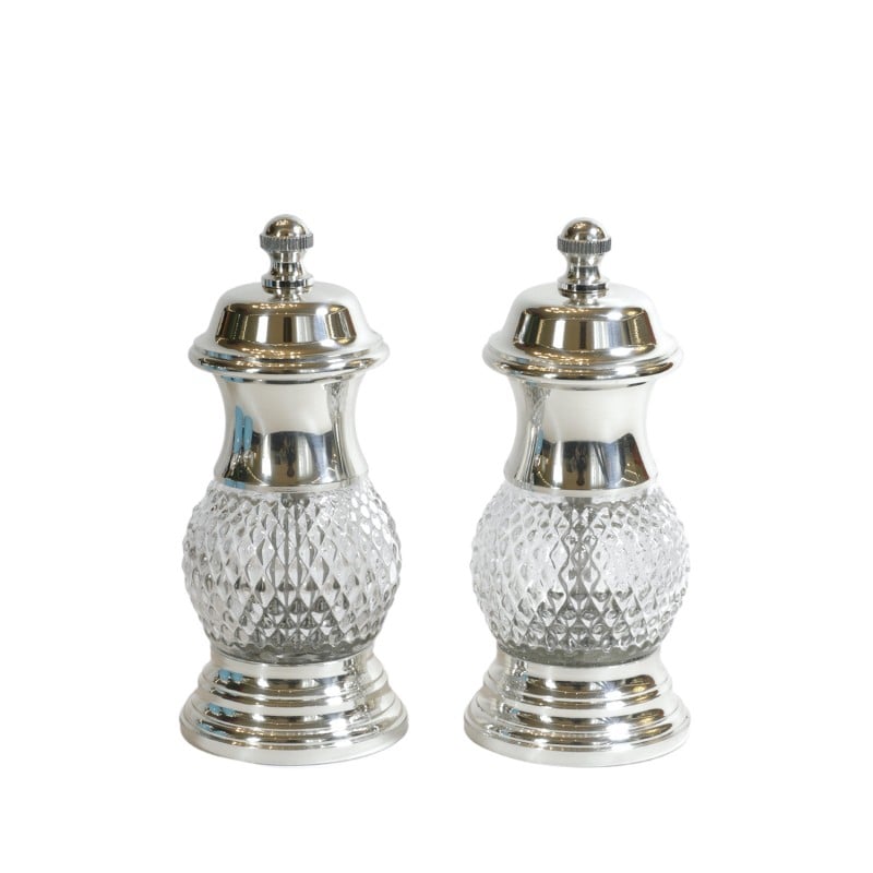 Set Salt and Pepper Mill Clear Silver-Plated Brass and Glass