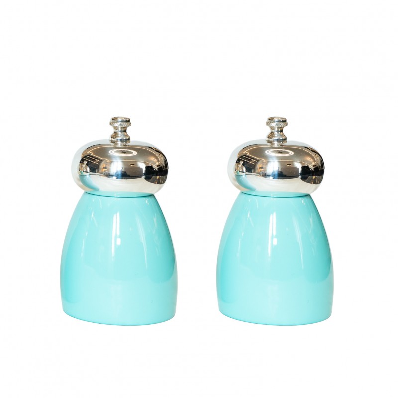 Set Salt and Pepper Mill Aqua Blue Wood and Silver-Plated Brass