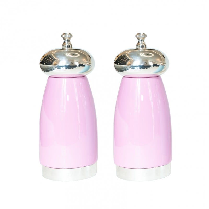 Set Salt and Pepper Mill Pink Wood and Silver-Plated Brass