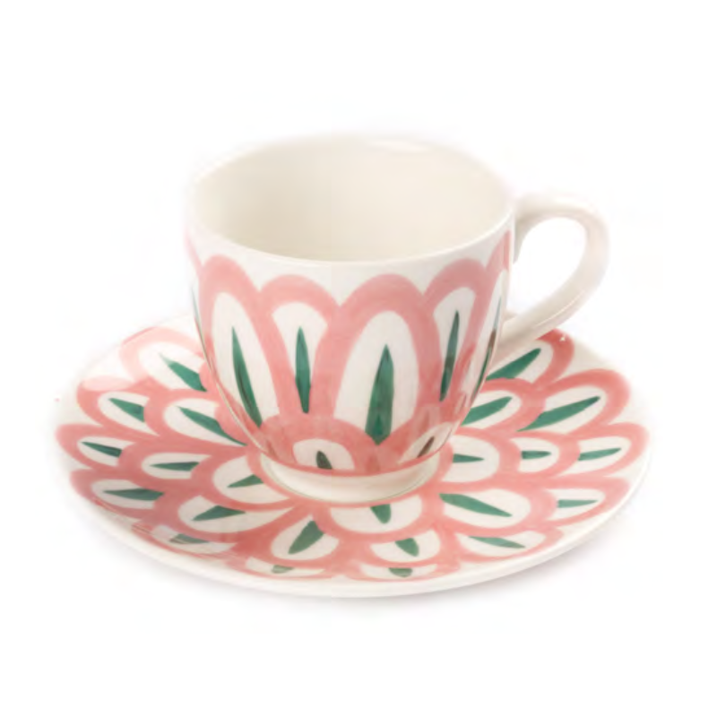 Symi Coffee or Tea Cup with Saucer Pink and Green