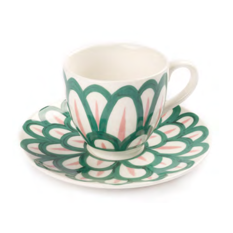 Symi Coffee or Tea Cup with Saucer Green and Pink