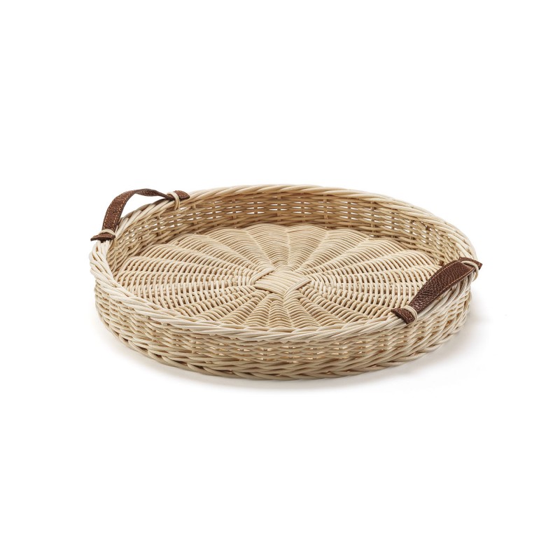 Round tray in natural wicker with internal glass and leather Handles