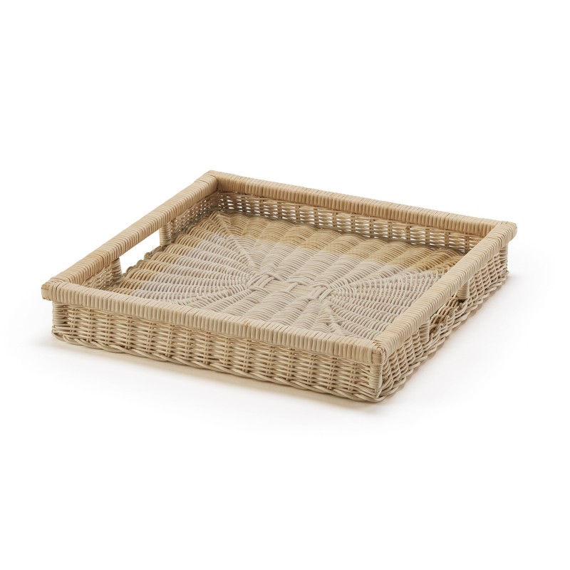 Square tray in natural wicker with internal glass
