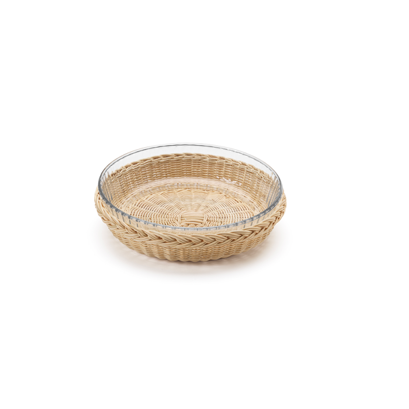 Cake pan basket in natural wicker with pyrex glass